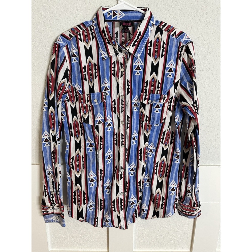 Rock & Roll Denim Western Shirt Womens Large Teal Aztec Cowgirl Pearl Snap
